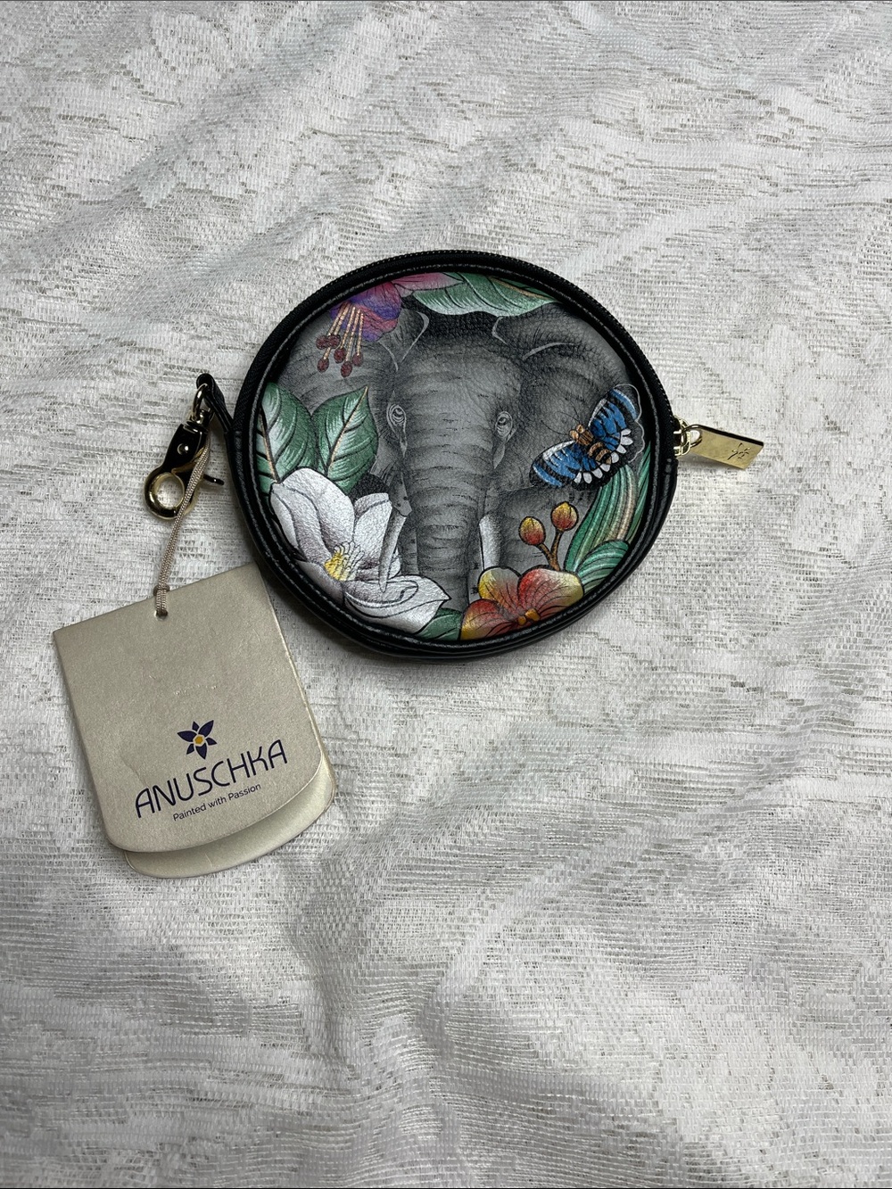 Anuschka Hand-Painted Elephant Coin Purse in Black with Floral Accents